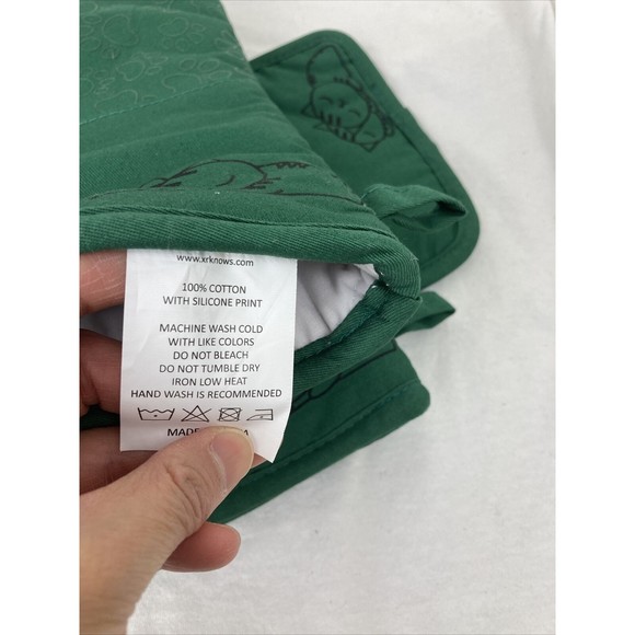 Green Cotton Silicone Paw print Cat Oven Mitts and Potholders Set Grill Glove - Picture 9 of 16